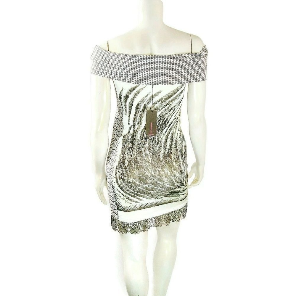 SAVE THE QUEEN Women's XS Off Shoulder Feather Abstract Print Mini Dress NWT - Picture 4 of 7